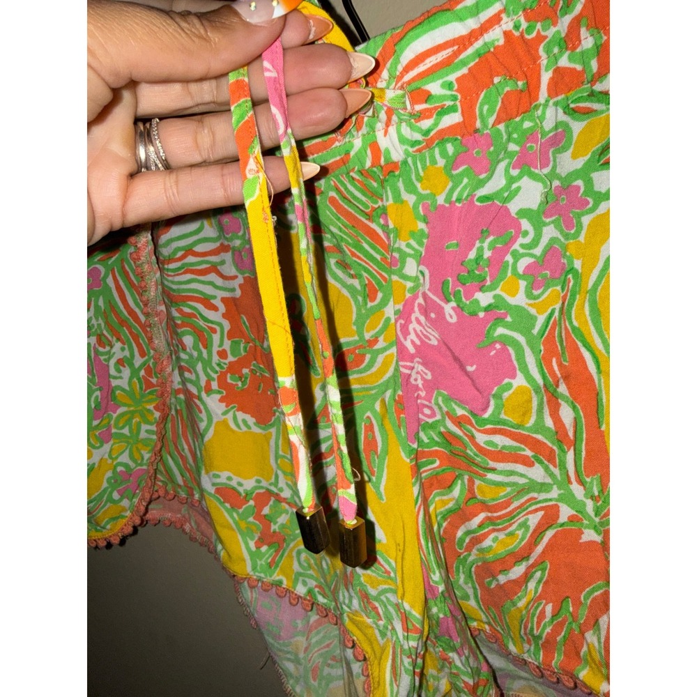 Lilly Pulitzer Women Large Tropical Floral Pom Pom Trim Beach Shorts Yellow Pink - Picture 3 of 6